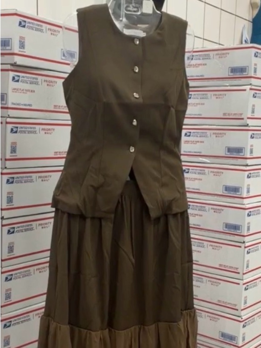 Two-Tone Midi Skirt and Vest in Olive Green and Light Brown. NWOT